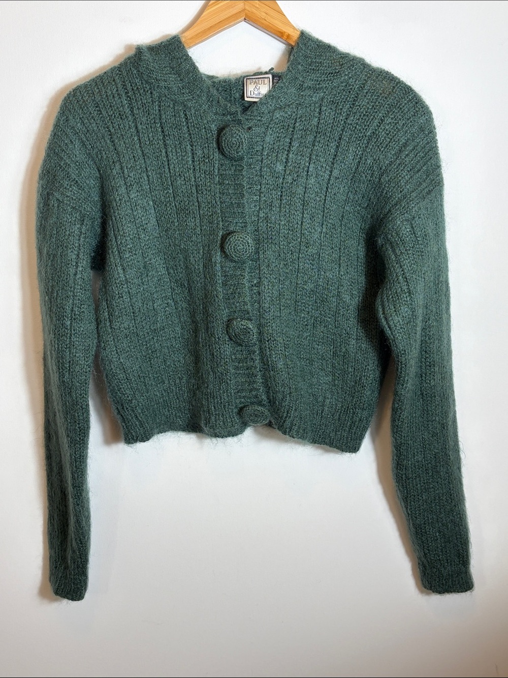 Vintage Paul Et Duffier Mohair Cardigan Sweater Green Fuzzy Button Front M